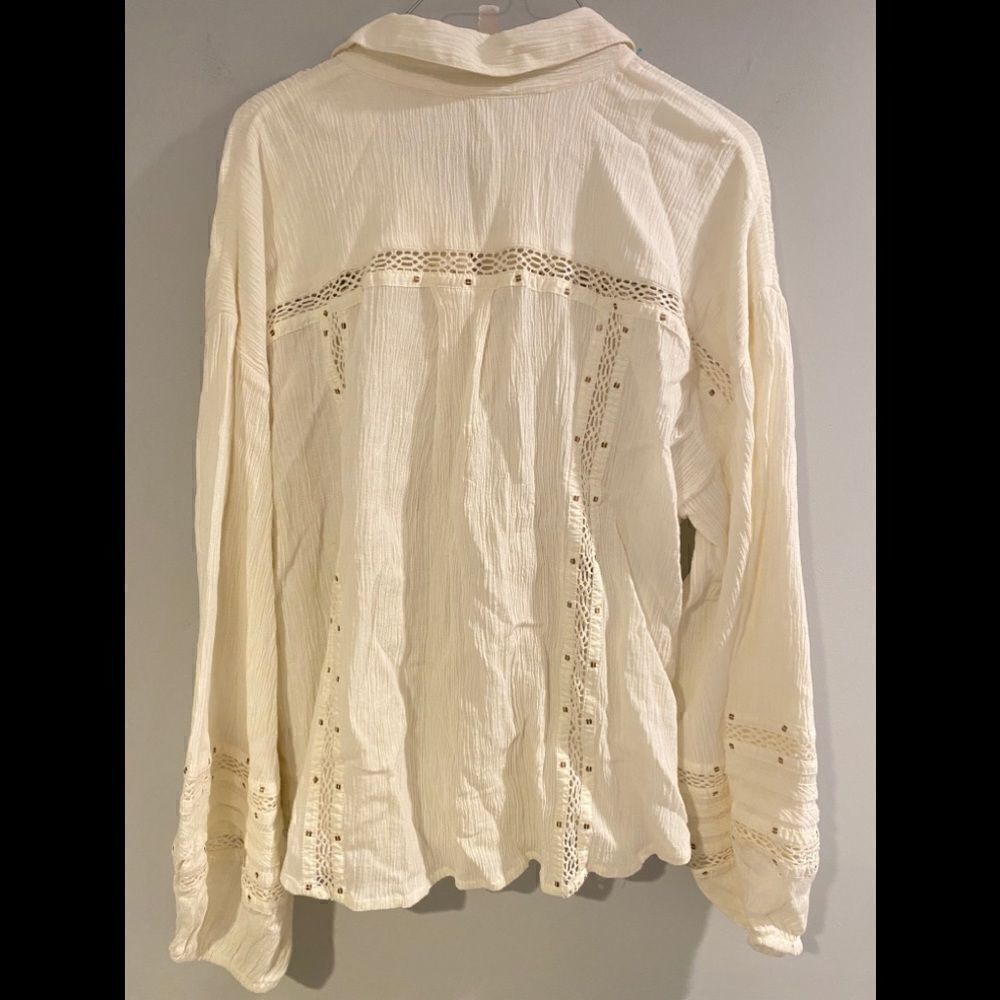 Free People Summer Stars Sequin Lace Crinkle Button Down Top Ivory L NWOT - Picture 4 of 8